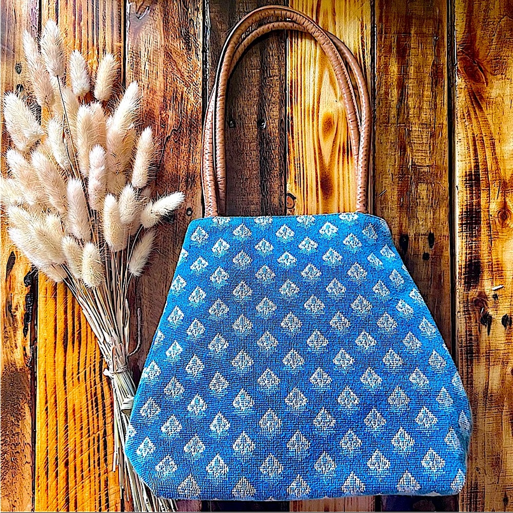 Vintage Boho ZALO NEEDLEPOINT Purse Teal Blue - Made in Spain